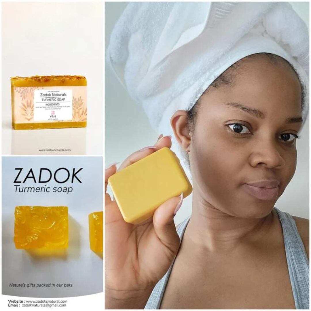 A woman gently holding a turmeric soap bar, highlighting its warm golden color and natural, handcrafted texture.