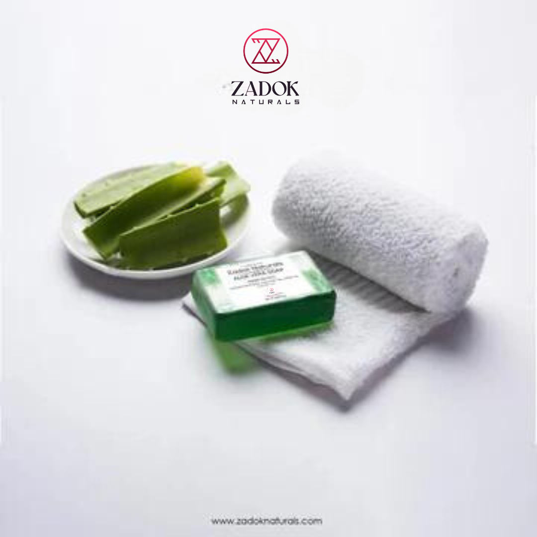 Zadoknaturals Aloe Vera Soap in a bar mockup, featuring soothing green tones and a fresh, natural, handcrafted appearance.