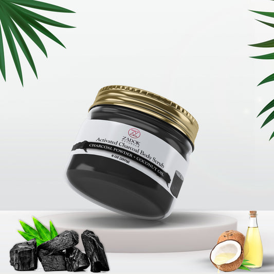 Charcoal body scrub in a sealed jar mockup, featuring rich dark tones and a clean, detox-inspired aesthetic.