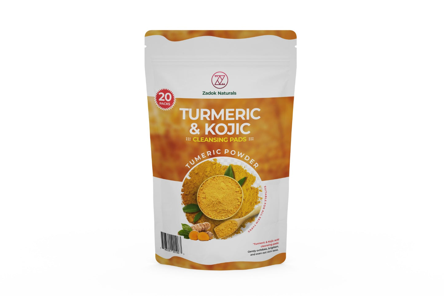 A pack of Zadok's Natural Tumeric & Kojic Cleansing Pads, with an image of the product and its ingredients on the front.