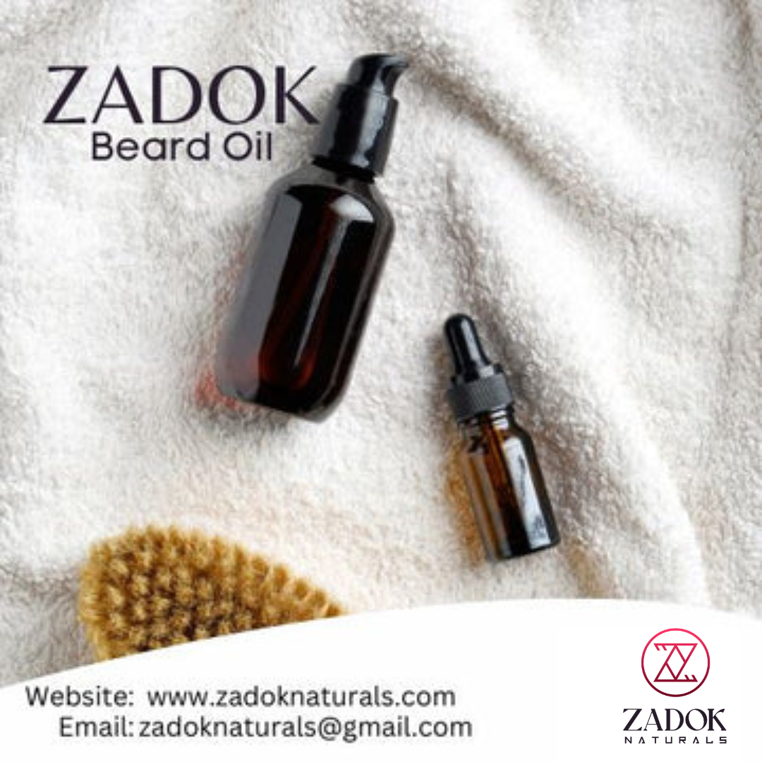 Zadoknaturals Beard Oil in a sleek dropper bottle mockup, featuring a rich, natural hue and a premium, grooming-focused aesthetic.