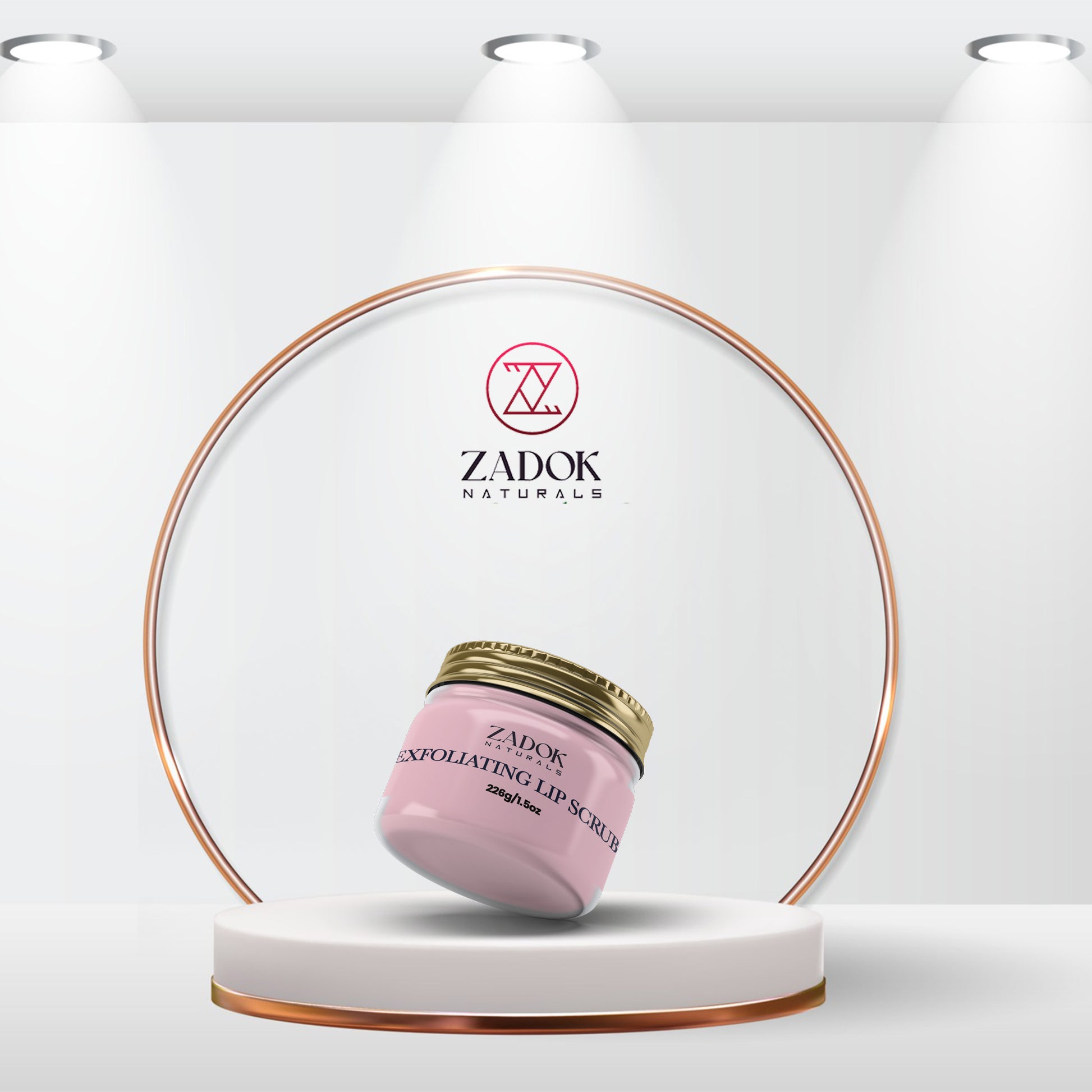 Zadoknaturals Exfoliating Lip Scrub in a small jar mockup, featuring a textured, natural look and a nourishing, refreshing aesthetic.
