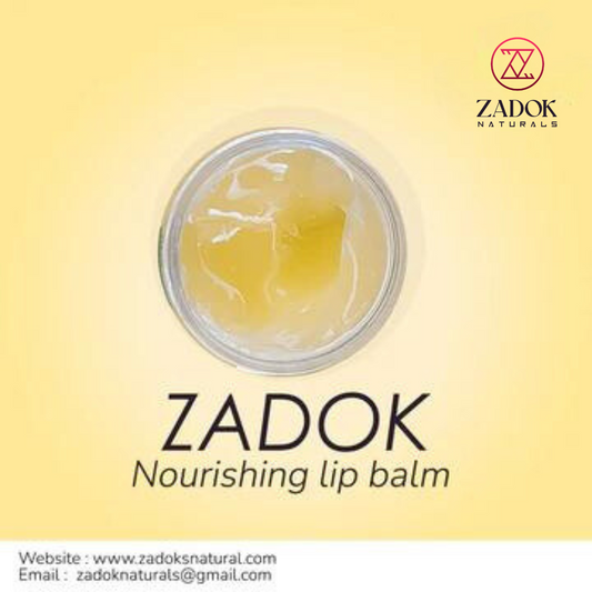 Zadoknaturals Nourishing Lip Balm in a tube or small jar mockup, featuring a smooth texture and a natural, hydrating look.