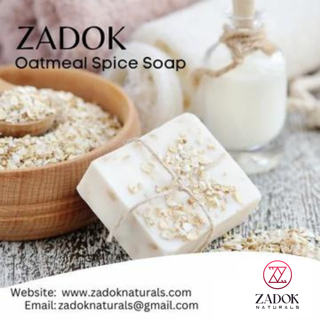 Zadoknaturals Oatmeal Spice Soap in a bar mockup, featuring warm beige and brown tones with a natural, textured, handcrafted appearance.