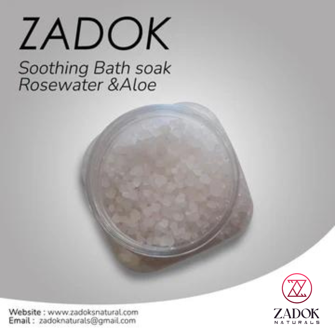 Zadoknaturals Soothing Bath Soak Rosewater & Aloe in a jar mockup, showcasing the natural texture of the soak with a clean, calming, spa-inspired aesthetic.