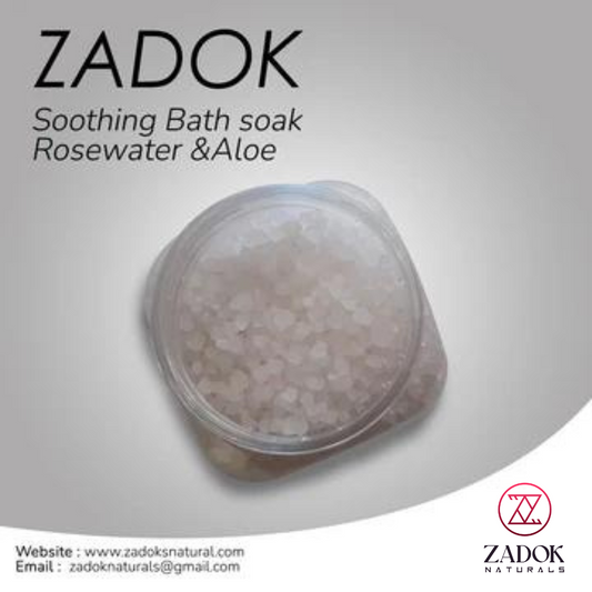 Zadoknaturals Soothing Bath Soak Rosewater & Aloe in a jar mockup, showcasing the natural texture of the soak with a clean, calming, spa-inspired aesthetic.