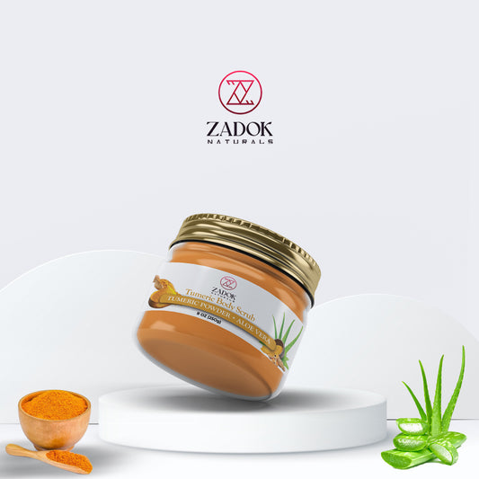 Turmeric body scrub in a sealed jar mockup, featuring warm golden tones and a natural, exfoliating aesthetic.