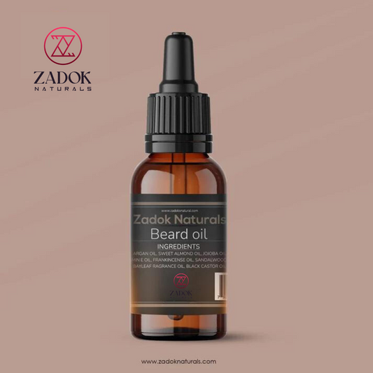 Zadoknaturals Beard Oil in a sleek dropper bottle mockup, featuring a rich, natural hue and a premium, grooming-focused aesthetic.